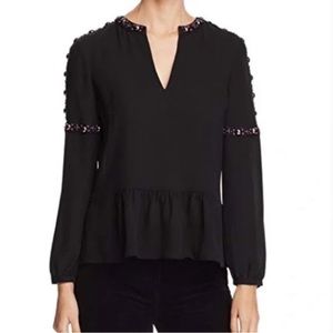 TORY BURCH SILK BEADED TOP | SIZE 4 | BLACK WITH SILVER AND PURPLE BEADS